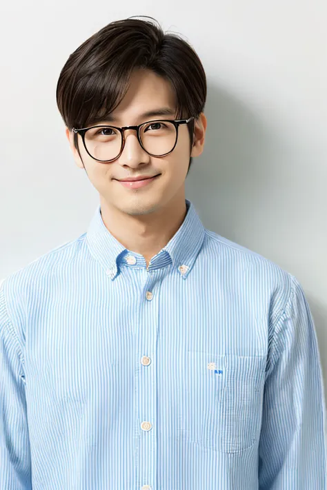 White casual shirt　without background　Classic glasses　Hairstyle divided into centers　age 30s　jpn　male people　Refreshing