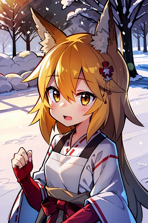 A  girl, Fox ears, 4K Image, flowers of different colors, field, Beautiful trees, Maximum details, village, at home, Beautiful cloud, Very nice girl, fists, Preparing for battle, Aggressive face, Vampires Tooth, White Trees, snowing, overcast weather, snow...