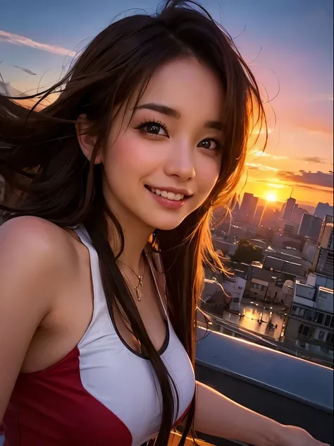 1 punk girl, fish eye, self-shot, wind, hair messy, sunset, cityscape, (aesthetics and atmosphere:1.2),smiling、hyper-realistic、m...