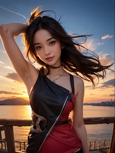 1 punk girl, fish eye, Self-shot, Wind, hair messy, Sunset, Cityscape, (Aesthetics and atmosphere:1.2),Smiling、Hyper-realistic、masutepiece