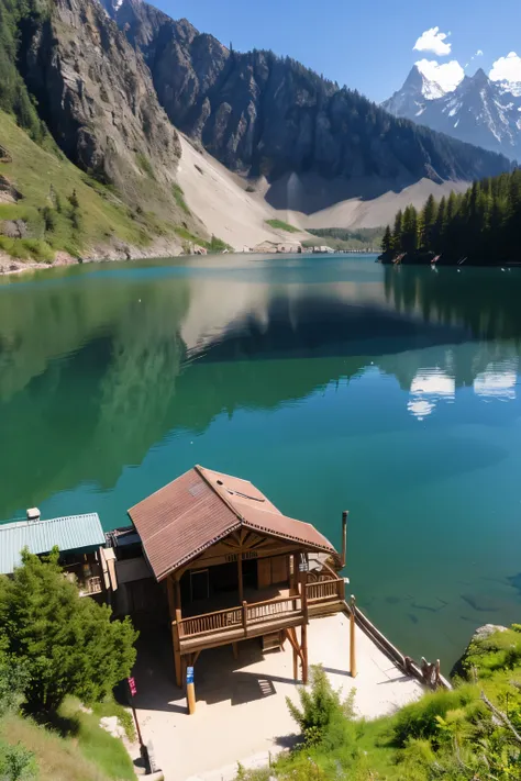 A Western-style building nestled on the shore of a lake deep in the mountains