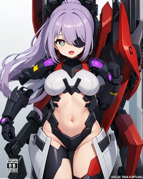 Japanese_anime_style,1figure_girl,(loli:1.5), (short_ponytail:1.3), (light_whitish_purple_hair:1.3),black_mechanical_armor_parts,white_breasts_parts_red_black_body_suit,bare_shoulder,bare_slender_thighs,medium_breasts,on_the_desk, desk_background,Stinging_...