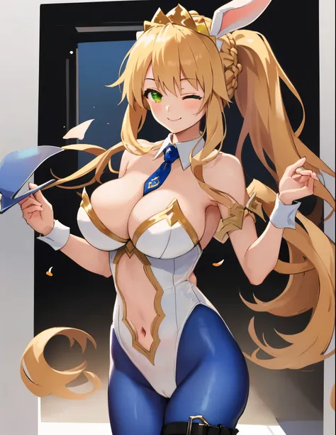 masterpiece, best quality, absurdres, soft lighting, looking at viewer, solo, light_smile, wink, one eye closed,
1girl, ahoge, rabbit ears, playboy bunny, artoria pendragon (swimsuit ruler) (fate), large breasts , blonde hair, green eyes, french braid,  po...