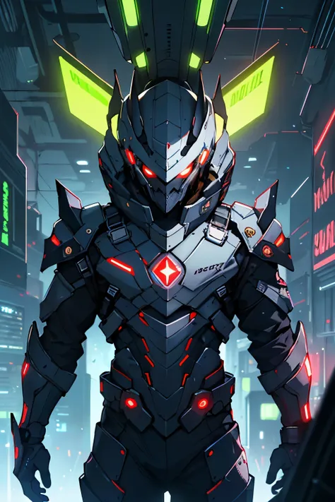 An amazingly scary warrior, (A high resolution,HighDynamicRange:1.2),Detailed medieval armor with neon lights and control arms, ((sci-fy, A futuristic))