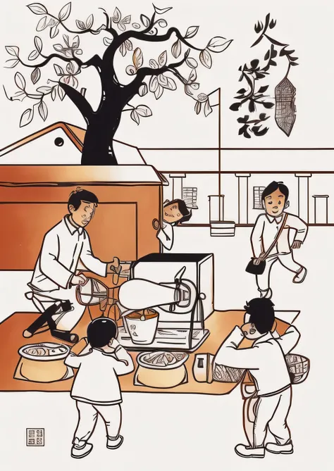 Someone is cooking together in the kitchen, whole page illuminations, line art illuminations, illuminations], an illuminations, chinese brush pen illuminations, 千 葉 雄 大, illuminations line art style, commercial illuminations, These childrenbook pictures, c...