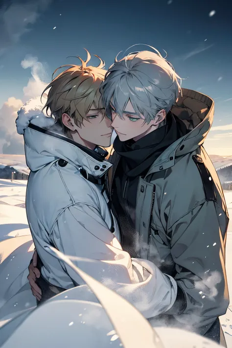 Unparalleled beauty,face perfect、Perfect Eye、green eyes Makoto Shinkai、Blonde and silver-haired、steam、steam、White breath、closing eye、Winter Outfit、snowscape、Landscape like an ink painting、 (2man),ゲイのmale people関係, male people,、stare at each other、Smiling,s...