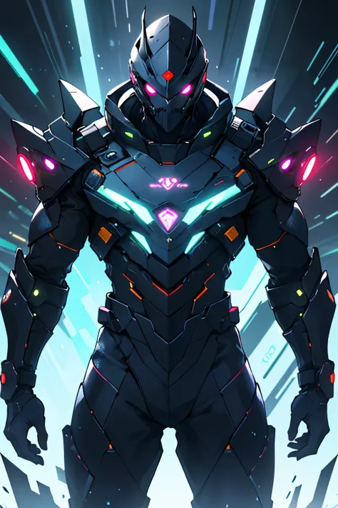 An amazingly scary warrior, (A high resolution,HighDynamicRange:1.2),Detailed medieval armor with neon lights and control arms, ((sci-fy, A futuristic))