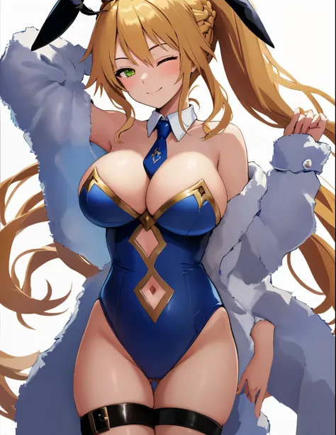 masterpiece, best quality, absurdres, soft lighting, looking at viewer, solo, light_smile, wink, one eye closed,
1girl, ahoge, rabbit ears, playboy bunny, artoria pendragon (swimsuit ruler) (fate), large breasts , blonde hair, green eyes, french braid,  po...