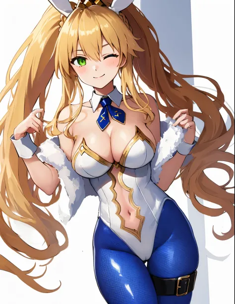 masterpiece, best quality, absurdres, soft lighting, looking at viewer, solo, light_smile, wink, one eye closed,
1girl, ahoge, rabbit ears, playboy bunny, artoria pendragon (swimsuit ruler) (fate), large breasts , blonde hair, green eyes, french braid,  po...