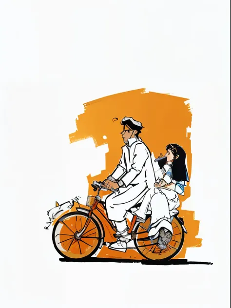 couple riding in a bike,lovers,indian cartoon style,high detailed,clean ,High quality, detailed face, detailed costume