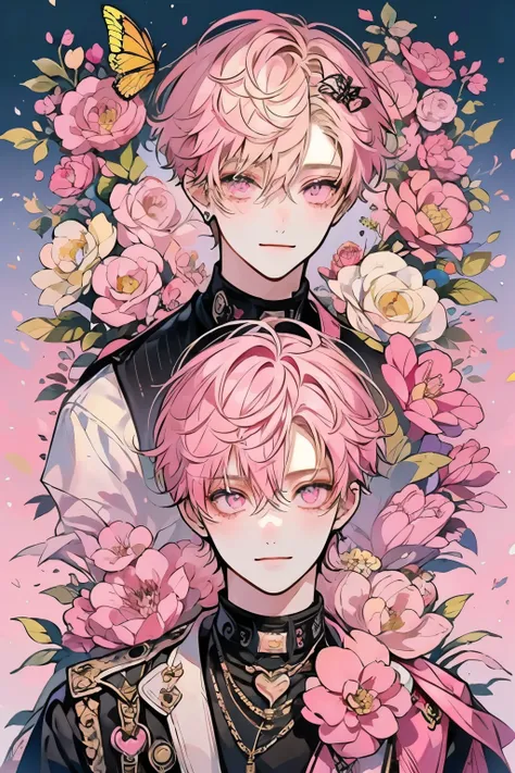 (masutepiece), (Best Quality), Highly detailed, (Two Boys:1.5)，Perfect face, Beautiful face, extra detailed face，(Pink eyes:1.3)，florals，butterflys々，floralsびら，optic，(a smile:1.3)，(blond boy:1.4)，(pink hair boy:1.4)