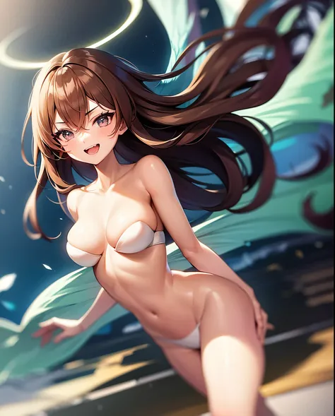 fantasy, 1angel_girl,child, loli,brown_hair, medium_bob_hair, long_bangs, halo,bare_shoulder,thighhighs,silver_armor, waist_armor, large_breasts,angry,grinning,open_mouth_teeth, 1pair_wings, dynamic_pose_fighting,floating, bare_crotch, headgear,gauntlet, g...