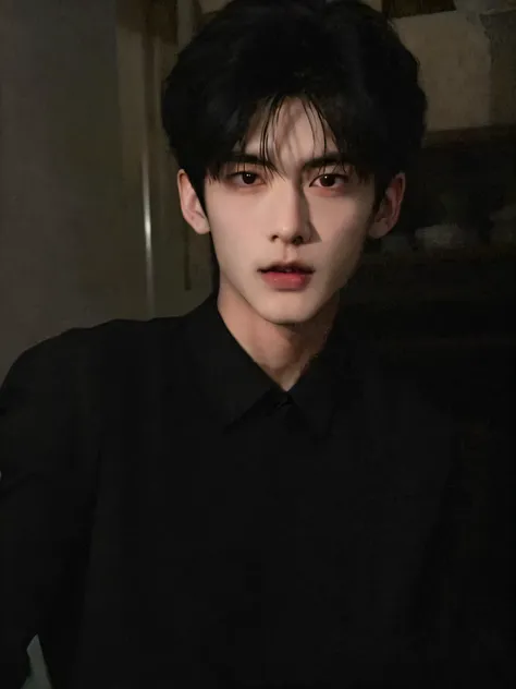 german man in black shirt sitting in dark room, kim do-young, shin jinying, inspired by zhang han, cai xukun, inspired by bian s...