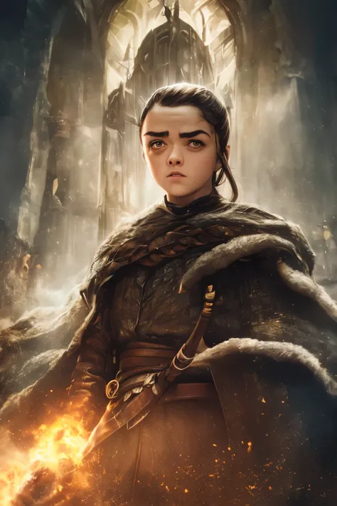 cinematic poster, arte centrada, 1 girl, sozinho, ((sozinho)), (((only one character))),  arya stark in dynamic pose, rosto de m...