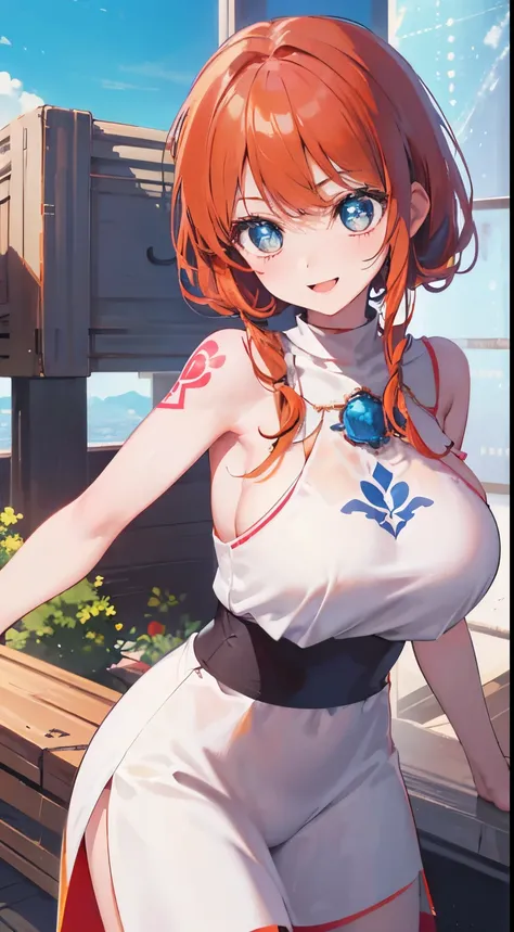 18 year old beautiful girl, blue big eyes,  Petite and slender、slightly large breast, ((scarlet orange hair,)),(Loose fluffy short braided hair), in 8K, of the highest quality, (Highly detailed head: 1.0), (Very detailed face: 1.0), (very detail hair: 1.0)...