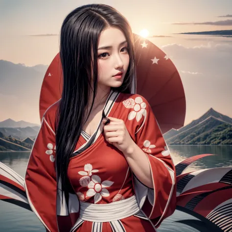 A beautiful geisha with flowing black hair, full lips, full breasts, silky skin, beautiful eyes, wearing a beautiful flowered kimono, posing, and in the background a sunrise under mountains, and a lake on the shore, beautiful geisha of the hyperrealistic d...