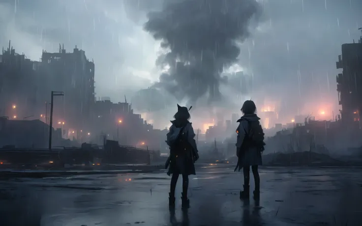 A little girl stands in the rain with her back to the camera and looks into the distance, cat ear，dramatic concept-art,  digital concept-art of dystopian, dramatic lights. concept-art, eerie nostalgic concept-art, cinematic photograph concept-art, 4k conce...