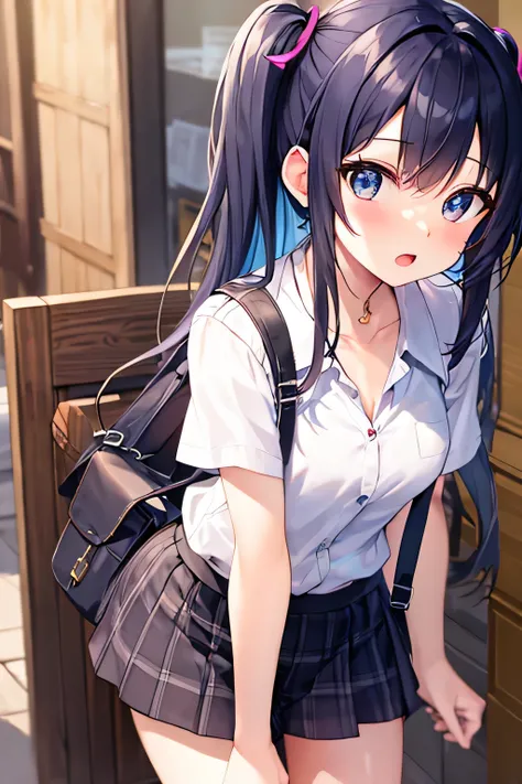 ​masterpiece、Top image quality、超A high resolution、miku hatsune、blue hairs、Twin-tailed、Blushing、mock、Open your mouth just a little、dressed casually、casual miniskirt、amusement park、Japan