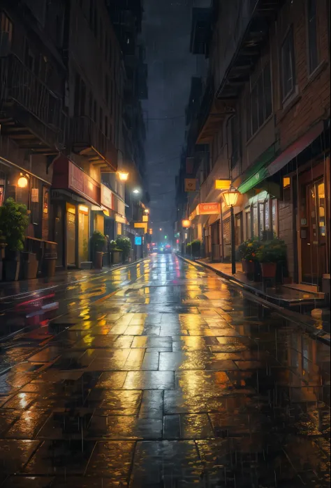 Rainy streets, the night, (Best quality at best, The is very detailed, tmasterpiece:1.2), Ray traching, The best shadow, detailedbackground, extremly intricate, super tall, realisticlying, filmgrain, 8K high-definition