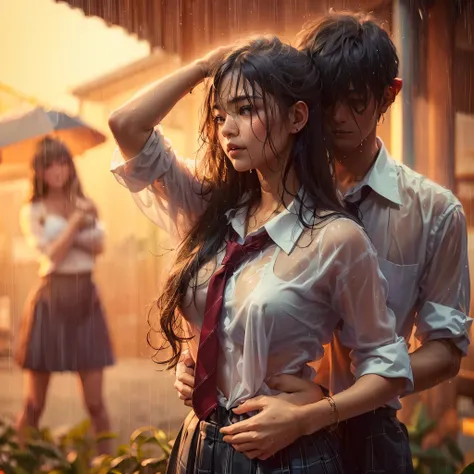 realistic art, there are (woman with large round breast wearing black luxury bra) and her (((handsome muscular short hair masculine alpha male boyfriend))) in a indonesian school uniform hugging in the rain, ((wet messy shirt show black bra under shirt)), ...