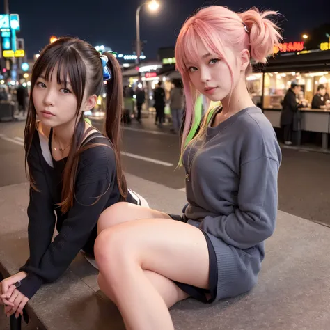 2 girls、Fukuoka、Hakata、Zhongzhou、Lined with food stalls、street vendors、nightclub、night cityscape、Neon Street、full bodyesbian、a closeup、A smile、、(8K、Raw photography、top-quality、​masterpiece:1.2)、(realisitic、フォトrealisitic:1.37)、Highly detailed eyelash drawin...