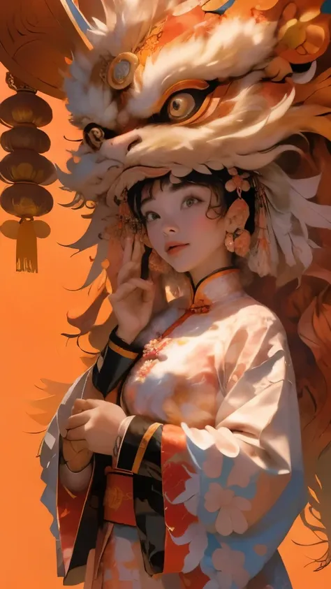 1girll, Clear facial features,looks into camera, Solo, lion_Dance,Clear face,lion dance,dynamicposes,Chinese clothes, Well-designed lions head design, Brightly colored lions, Traditional Chinese art, Expressive lion dance, Red lanterns,Chinese Year, China-...