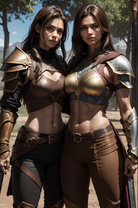 8K,Photorealsitic, 8K,Arahed picks up a woman wearing brown armor.,A woman with a fearless face that looks like a real slender macho man.,Brown-haired Helly Shorthair,Muscular macho brown pants and protectors,超A high resolution,A hyper-realistic,real looki...