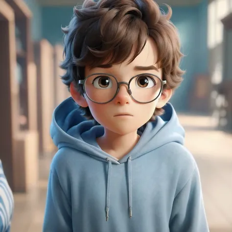 Close-up of a little boy wearing glasses and hoodie, animated cartoon, 3 d animated cartoon, animated cartoon, animated cartoon still, Pixar render器渲染, Still in the movie, &#39;lucca&#39;, anime film, screenshots from movies, anime film still, animated car...