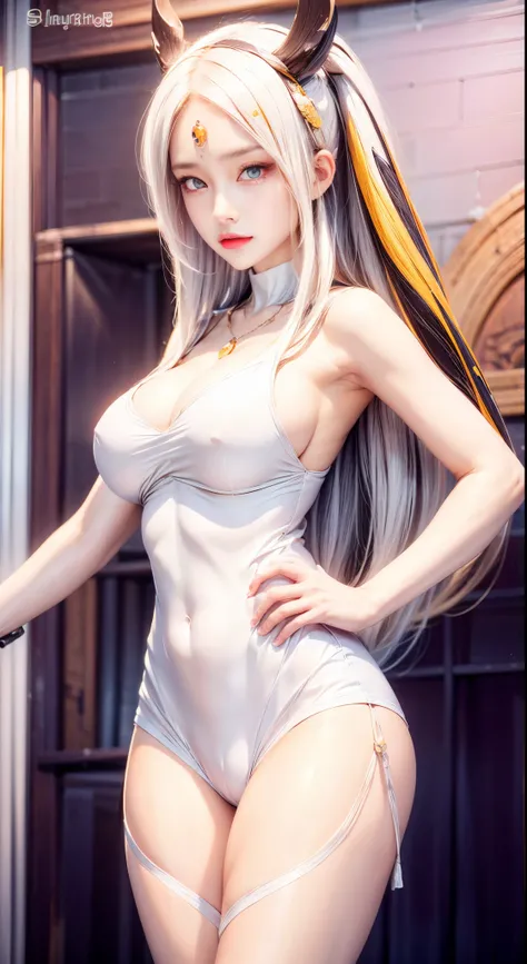 realistic, 1 women, best quality, 12k, HD, long hair, big round breasts, cleavage, ponytail, necklace, jewelry, shorts, short jacket, slim hips, hair tie, yellow eyes, black hair, super detailed, Eye details, hair details, person details, mouth details, fa...