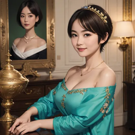 141
(a 20 yo woman,in the palace), (A hyper-realistic), (high-level image quality), ((beautiful hairstyle 46)), ((short-hair:1.46)), (kindly smile), (breasted:1.1), (lipsticks), (is wearing dress), (murky,wide,Luxurious room), (florals), (an oil painting、R...