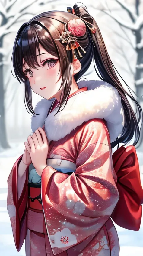 masutepiece, Best Quality, 1girl in, new year kimono, Its snowing、Winters