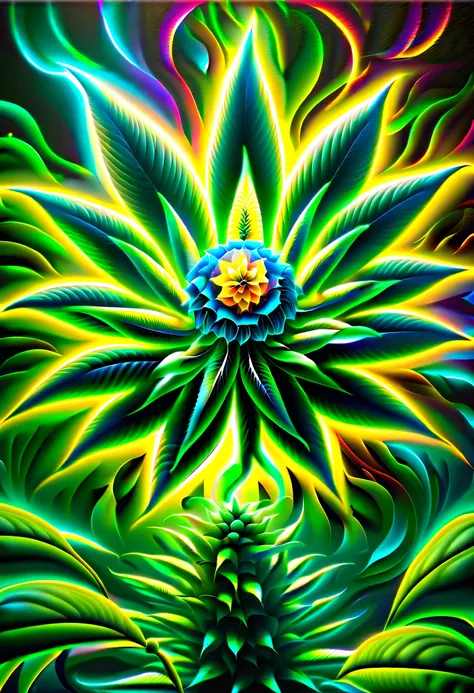 pintura cgi abstrata, epic surreal  cannabis flower, divino, plantas de fantasia sombria, beauty glow neuron fruit, flores bioluminescentes ao redor, mundo escuro do mundo maravilhoso, bioluminescent radiation, many  cannabis flowers have a vision, vision ...