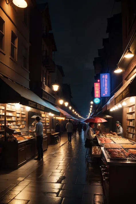 dark midnight street, (BBQ stall on the left, bookstore on the right), White street light reflection on rainy road, dim murky ligh quality at best, The is very detailed, tmasterpiece:1.2), Ray traching, The best shadow, detailedbackground, extremly intrica...