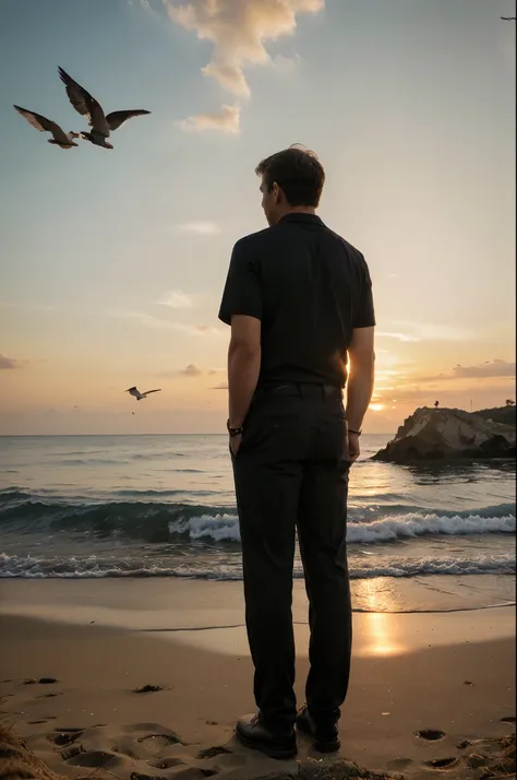 A man watching the sunset, photography from behind the man, 4k resolution, beautiful and elegant sunset, middle-aged man and birds flying around him.