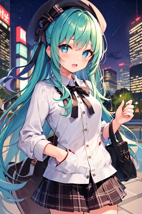 ​masterpiece、Top image quality、超A high resolution、miku hatsune、blue hairs、Twin-tailed、Blushing、mock、Open your mouth just a little、dressed casually、casual miniskirt、wearing a small women&#39;s beret、Skyscraper、Japan、Night time