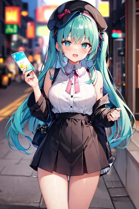 ​masterpiece、Top image quality、超A high resolution、miku hatsune、blue hairs、Twin-tailed、Blushing、mock、Open your mouth just a little、dressed casually、casual miniskirt、woman wearing a beret、Skyscraper、Japan、Night time