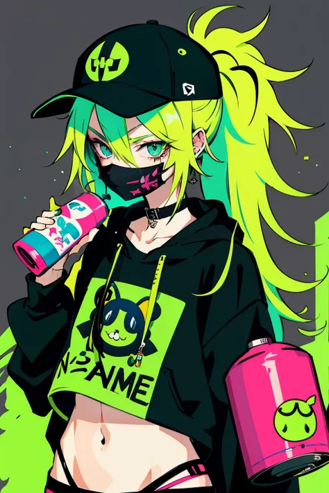 anime slim girl with a cap and a mask, thin face, holding a spray can, green messy hair, street background in neon pink and blue colors, stickers, smirk face, harley vibe, bad girl