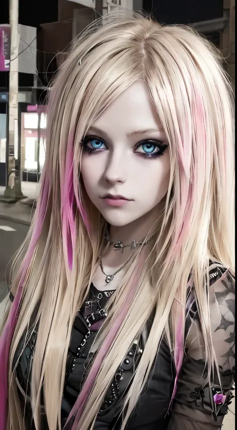 a beautiful blonde with long blonde hair streaked with pink hypnotic aqua blue eyes dark eyelashes dressed in emo pastel goth st...