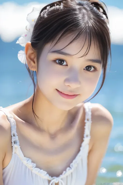 (((​masterpiece))), (One beautiful Japan girl, Pure and innocent，kawaii) ，超A high resolution, Realistic, ultra-detailliert, 8K,top-quality, Extremely detailed, A slender,very beautiful japanese girl, Detailed face:1.3), (hair tied，A dark-haired :1.4), (a b...