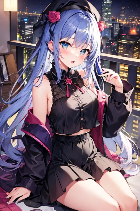 ​masterpiece、Top image quality、超A high resolution、miku hatsune、blue hairs、Twin-tailed、Blushing、mock、Open your mouth just a little、dressed casually、casual miniskirt、woman wearing a beret、Skyscraper、Japan、Night time