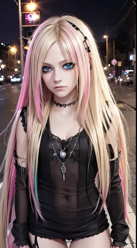 a beautiful blonde with long blonde hair streaked with pink hypnotic aqua blue eyes dark eyelashes dressed in emo punk style posing on a busy night streetlife looking straight into the camera lens