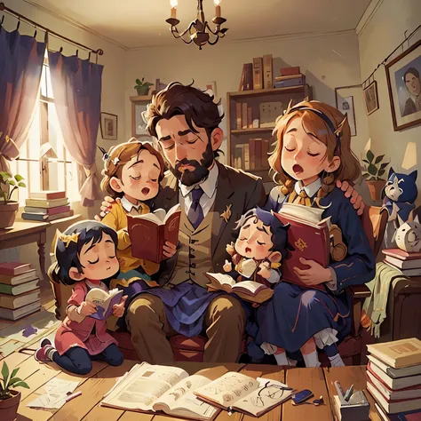 Illustration of the Jewish Sabbat in the living room of a house, 1 man holds a book and 2 children listen with their eyes closed (mejorar perspectiva del personaje en la derecha)