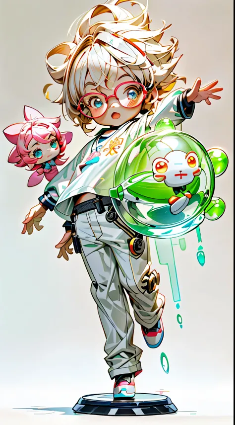 Boy little boy glasses full body 3d picture, 1pc, The eyes are good-looking, largeeyes, cute big breasts, having fun, pop matte blind box, Glowing bubbles, toys, solid color backdrop, ttchibi, Fluorescence transmittance, luminous body, kawaii, dolls, (((pr...