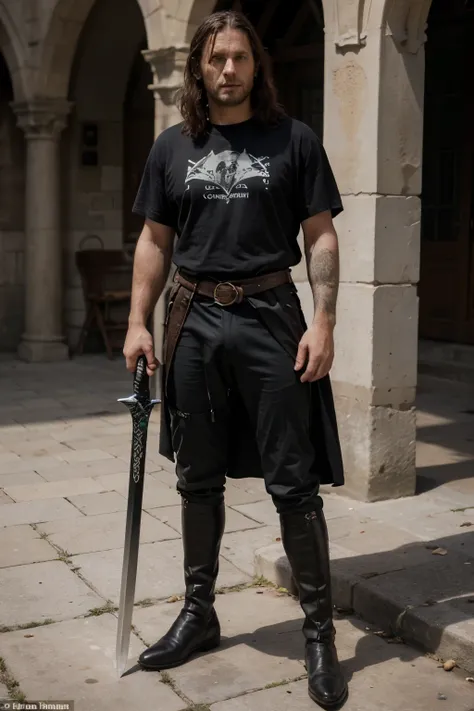 A handsome, tall man with green eyes, short bron curly hair, wearing black almost like cargo pants, and a black t shirt with a black cape, with black boots reaching almoast his knee, with a sword in its shealth on his waist (medieval age) , (like aragorn f...