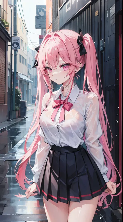 (8K、Top image quality、top-quality、​masterpiece)、A detailed face、1 girl in、A pink-haired、((twintails))、Pink eyes、piercings、cry、shed tears、large full breasts、white  shirt、bra、((wet clothes))、Black pleated skirt、((a miniskirt))、thighs、cowboy  shot、((Rain shak...