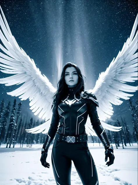 monochrome high contrast cinematic dramatic photograph of a real life ultra hot, gorgeous xmen snowbird (harfang) character pose aesthetic focus, 32k, ultra hd, minimalist peaceful background: snowy forest in a starry night, northern lights (raw)