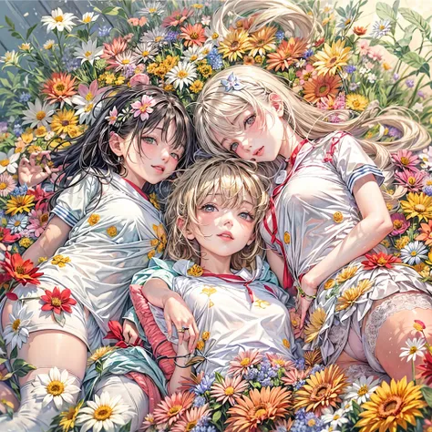 (((4 KAWAII girls laying in a colorful flower space, full of flowers))), ((SFW)), (Acutance), (Exposed:1.2), (Nipple:-0.9), (Detailed KAWAII Face variations), { Sailor collar Uniform | Delicate white lace knitted wear | Delicate bikini made only from flowe...