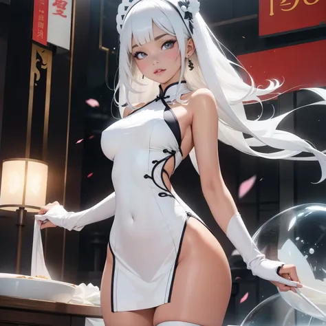 quality，busty figure，squatt，legs separated，Facing the lens，White transparent cheongsam，cabelos preto e longos，White-colored skin