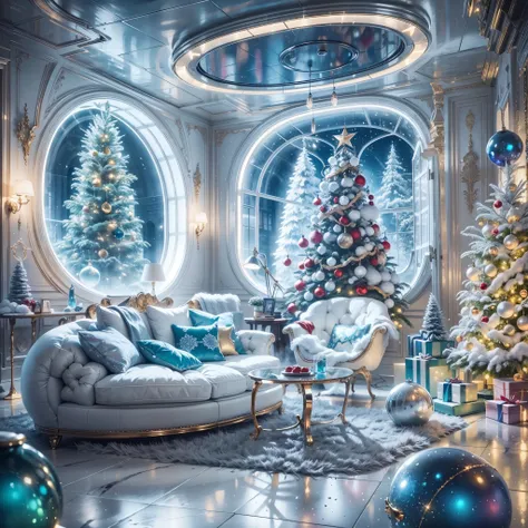 best quality,4k,8k,highres,masterpiece:1.2,ultra-detailed,realistic,photorealistic:1.37, Christmas decoration, White house, gold trim, cozy house, festive decoration