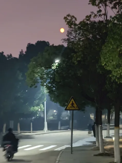 nighttime scene of a street with a person on a motorcycle and a person on a scooter, street moon landscape, at night with full moon, lunar busy street, walking towards the full moon, red moon, in front of a full moon, full moon lighting, big moon in the ba...